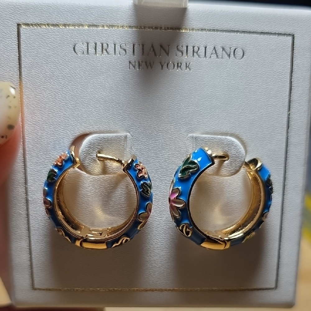 Christian Siriano Blue and Gold Floral Hoop Earrings